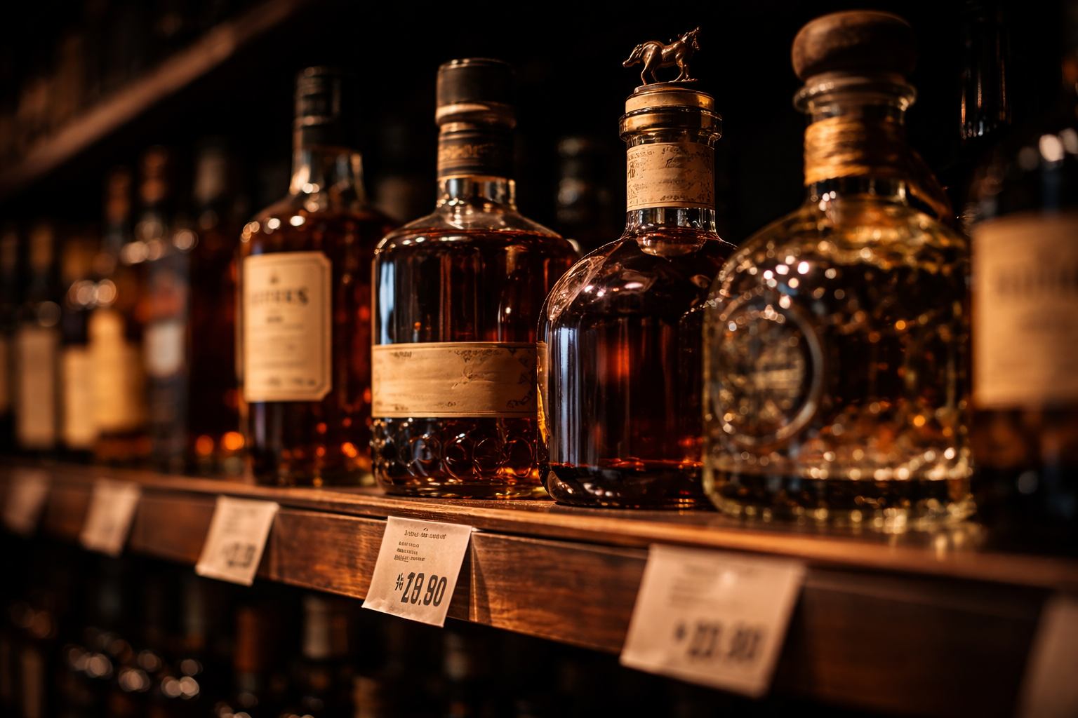 Spirits shelf with bottles and price tags